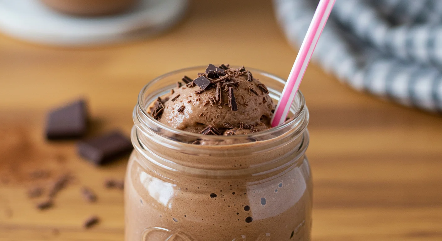 Keto Chocolate Frosty Side view of a jar of Keto Chocolate Frosty with chocolate shavings and a pink straw on a wooden countertop.