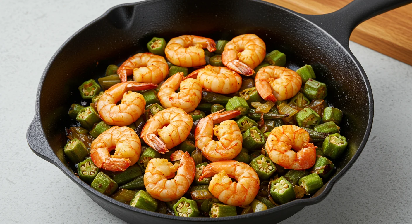High-Protein Spicy Okra & Shrimp Top-down mobile photo of shrimp, okra, and vegetables in a skillet, showing charred textures and vibrant colors under natural light.