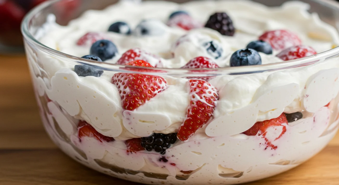 Keto Low Carb Cheesecake Salad Close-up of Keto Low Carb Cheesecake Salad in a glass bowl, showing its creamy texture and vibrant mix of fresh berries.