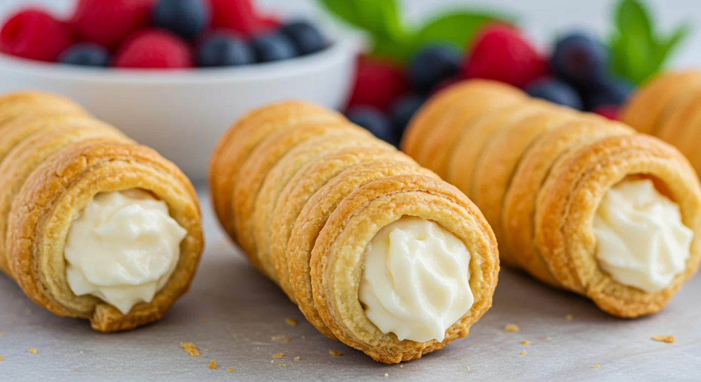 Keto Cream Horns Close-up of Keto Cream Horns, highlighting the flaky crust and whipped filling with garnishes, in a tilted handheld shot.