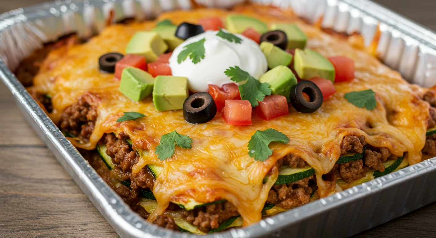 Mexican Keto Taco Lasagna Close-up side angle of Mexican Keto Taco Lasagna layers with zucchini, taco meat, and cheese, topped with sour cream and cilantro.
