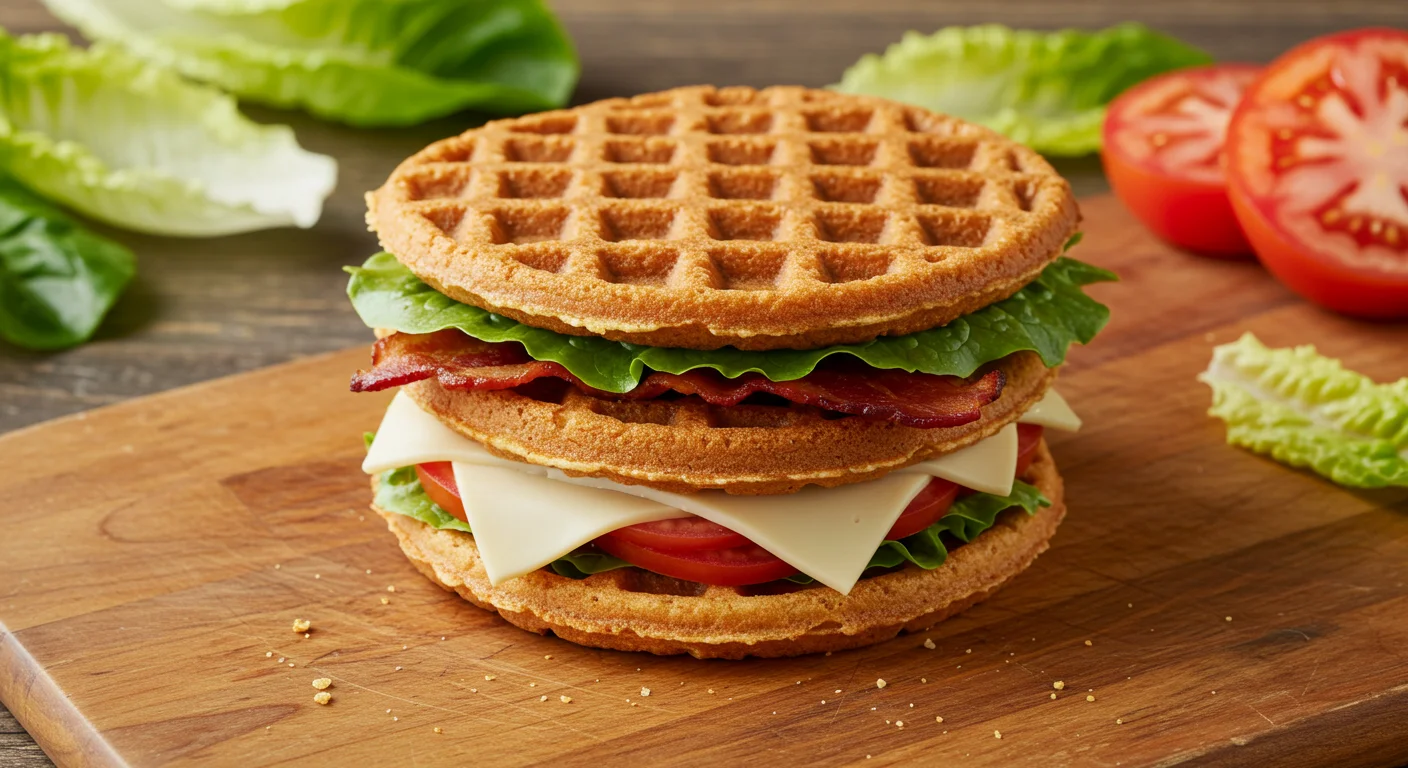 Keto BLT Chaffle Sandwich Keto BLT Chaffle Sandwich on a plate with crispy chaffles, lettuce, tomato, bacon, and mayo in a casual kitchen setting.