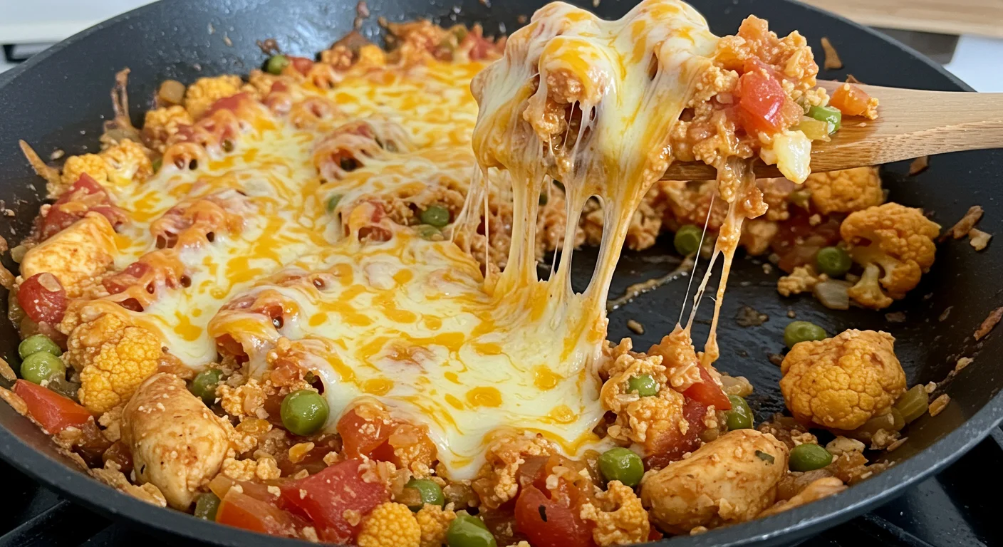 Keto Mexican Cheesy Chicken Skillet Close-up of Keto Mexican Cheesy Chicken Skillet with gooey cheese, chicken, and veggies, shot casually at an angle in natural lighting.