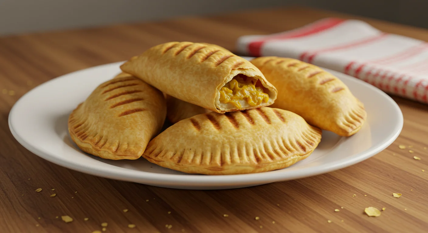 Keto Empanadas Side-angle view of golden Keto Empanadas on a white plate with crumbs and a red kitchen towel in the background.