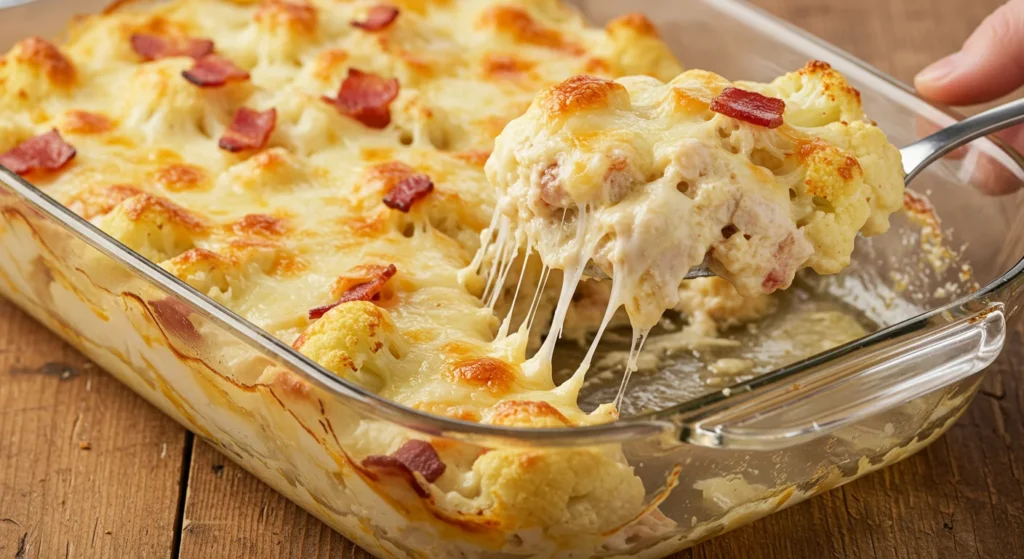 Keto Creamy Chicken, Bacon & Cauliflower Bake Close-up of keto creamy chicken, bacon, and cauliflower bake with melted cheese and browned edges in a white dish, softly lit with a casual, homemade look.