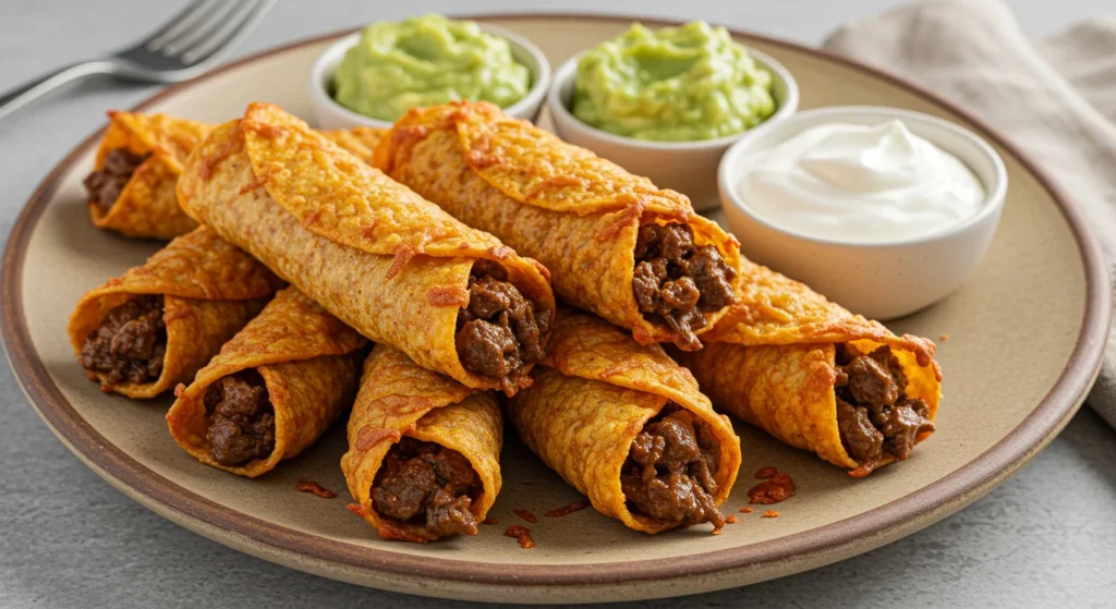 Keto Beef Taquitos Handheld photo of golden keto beef taquitos on a rustic plate with guacamole and salsa, set on a wooden table.
