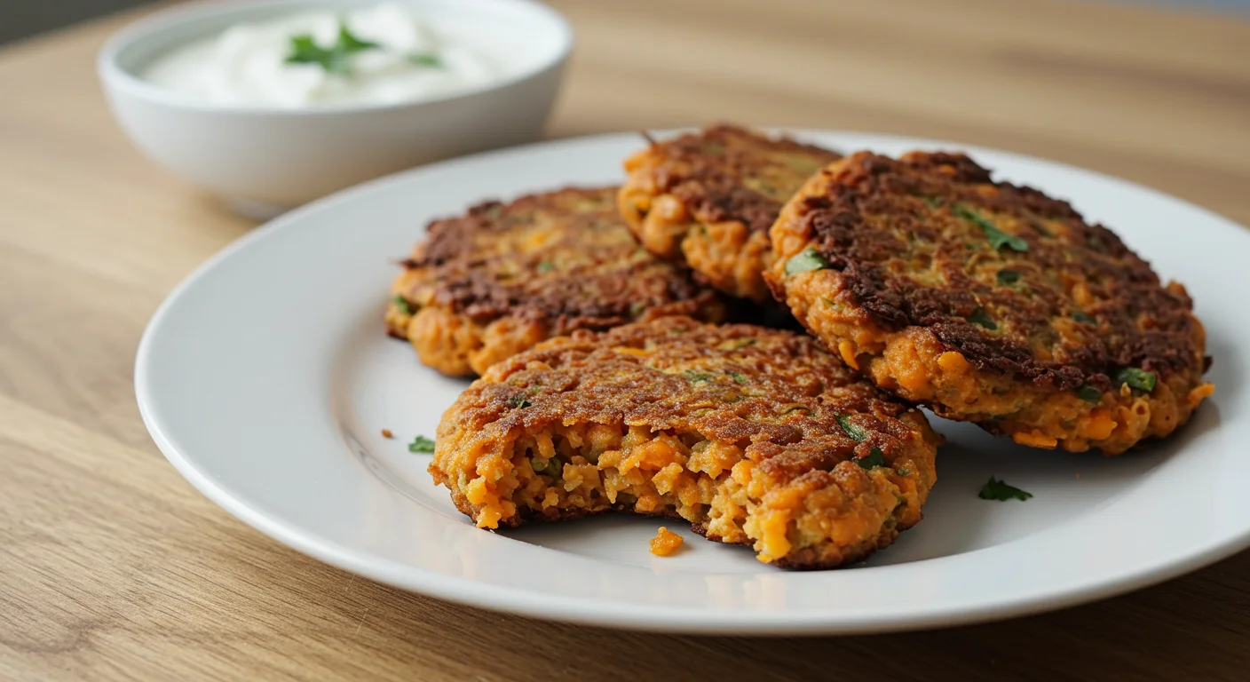 high-protein Red Lentil Fritters Close-up side view of golden lentil fritters with yogurt sauce blurred in the background.