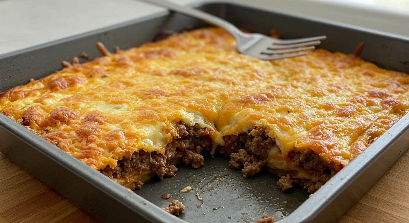 Keto Hamburger Bake Cheeseburger Casserole Side view of keto cheeseburger casserole with a piece removed, showing beef, bacon, and cheese layers, photographed in natural light.