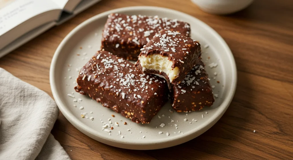 Keto Bounty Bars Top-down view of keto bounty bars on a plate, with one bar bitten to show the coconut filling.