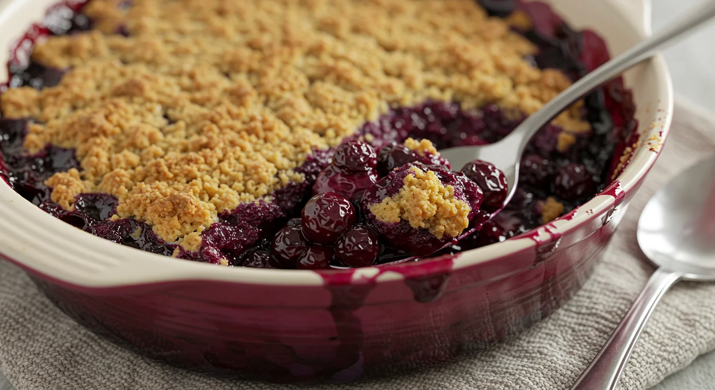 Low Carb Blueberry Cobbler Close-up side shot of Low Carb Blueberry Cobbler in a ceramic dish, showing crumbly topping and bubbling blueberry filling on a textured towel.