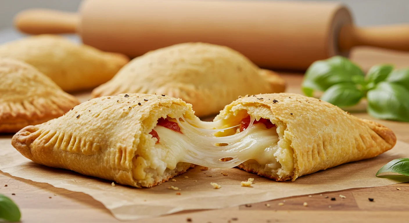 Keto Hot Pockets Side view of keto hot pockets with melted cheese oozing out, crumbs scattered, and a rolling pin in the blurred background.