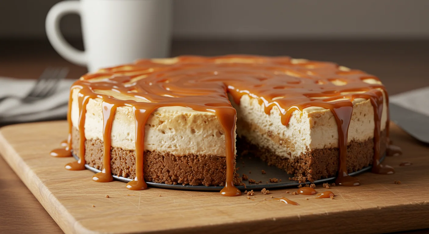Keto Snickers Cheesecake
Side view of Keto Snickers Cheesecake, showing crust, creamy filling, and caramel drips, with a coffee mug and fork blurred in the background.