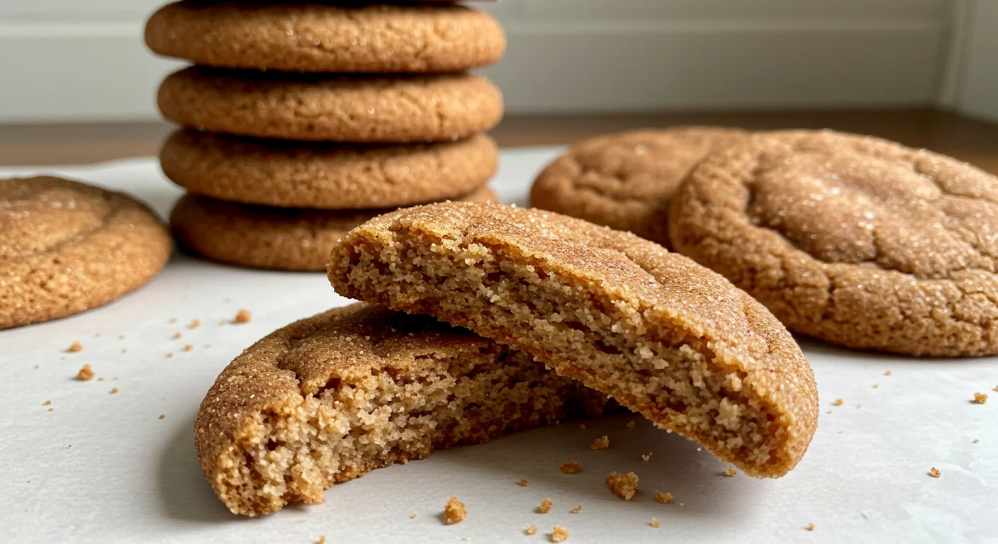 Keto Snickerdoodles A broken Keto Snickerdoodle cookie showing its soft interior, with a stack of cookies blurred in the background.