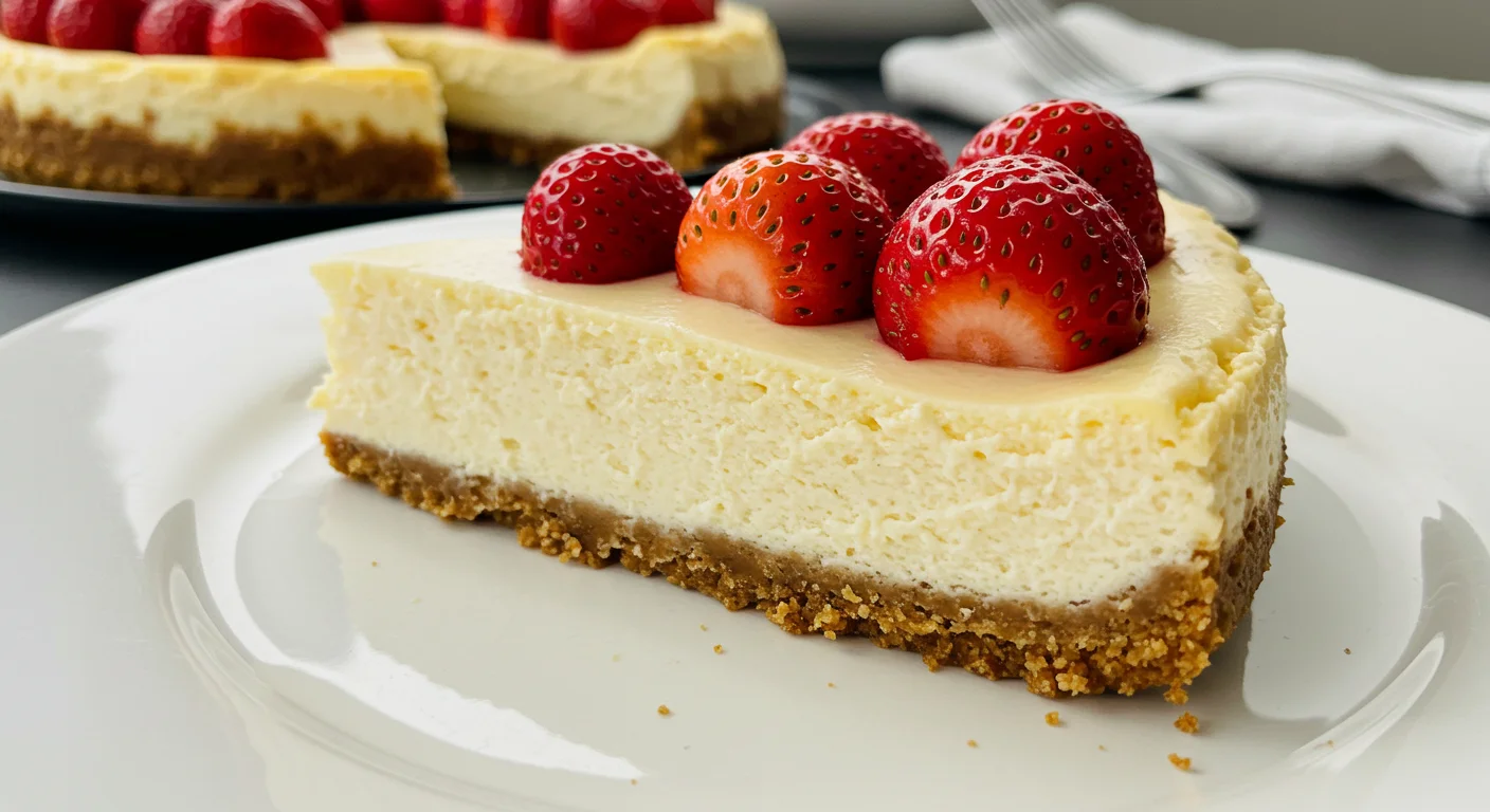 Keto Cheesecake Side view of a keto cheesecake slice on a white plate, showing its creamy texture and crust, with natural lighting and a casual setup.