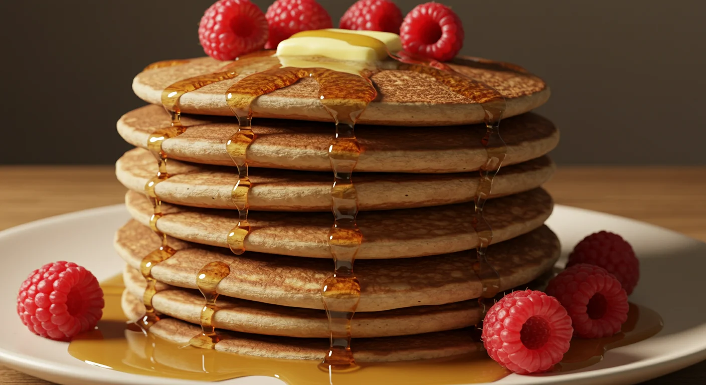 Keto Pancakes Golden keto pancakes with syrup and raspberries, captured from a low angle for a cozy, homemade vibe.