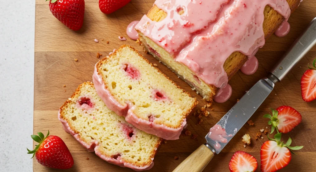 Keto Strawberry Cheesecake Fat Bombs Overhead view of sliced keto strawberry cheesecake bread with pink glaze on a cutting board, crumbs, and fresh strawberries nearby.