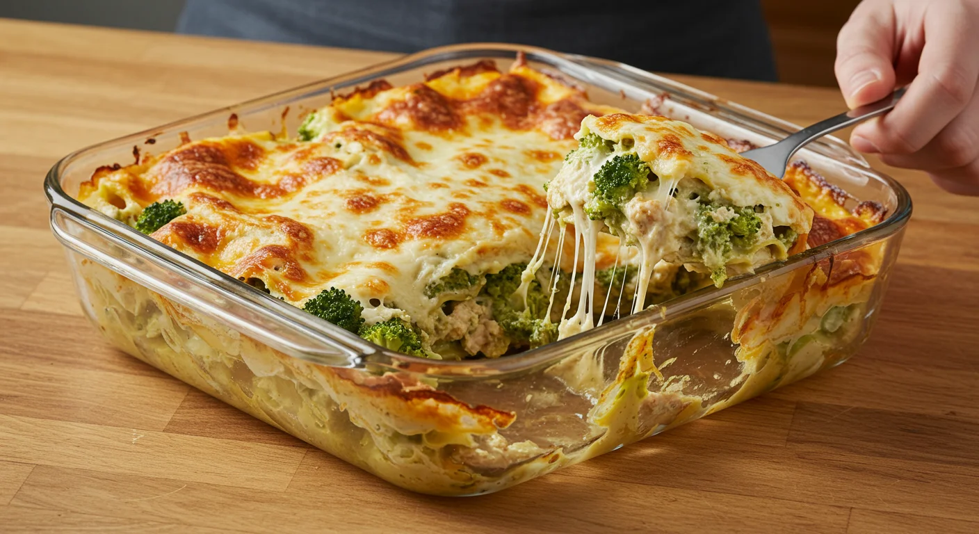 Cheesy Chicken Broccoli Lasagna Overhead view of cheesy chicken broccoli lasagna in a glass dish with a hand holding a fork nearby.