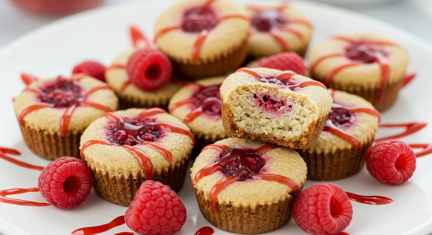 Keto Raspberry Cheesecake Bites Overhead view of Keto Raspberry Cheesecake Bites arranged on a plate, featuring a golden crust, creamy filling, and fresh raspberry topping.