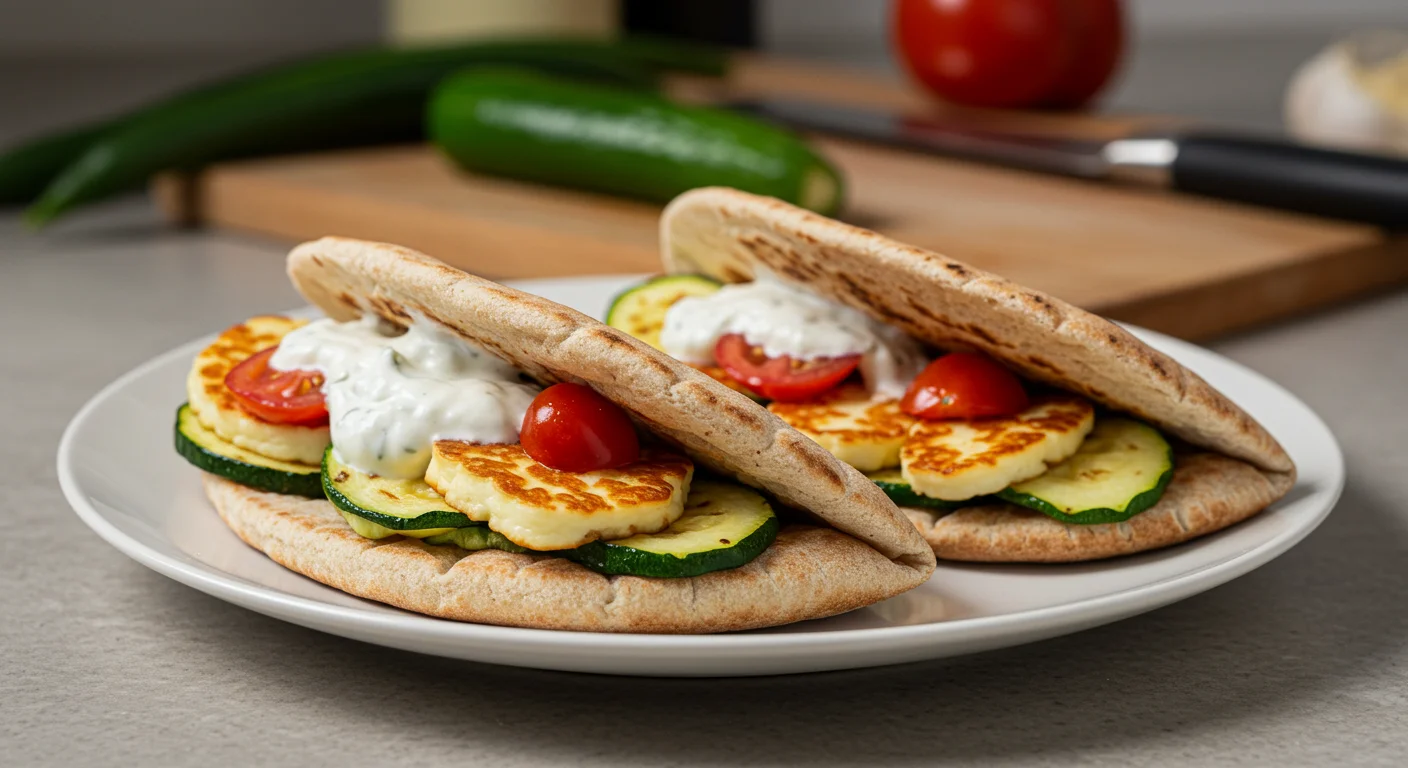 High-Protein Grilled Halloumi Pita Wraps Side-angle shot of Grilled Zucchini & Halloumi Pitas on a plate with grill marks and yogurt sauce on a kitchen counter.