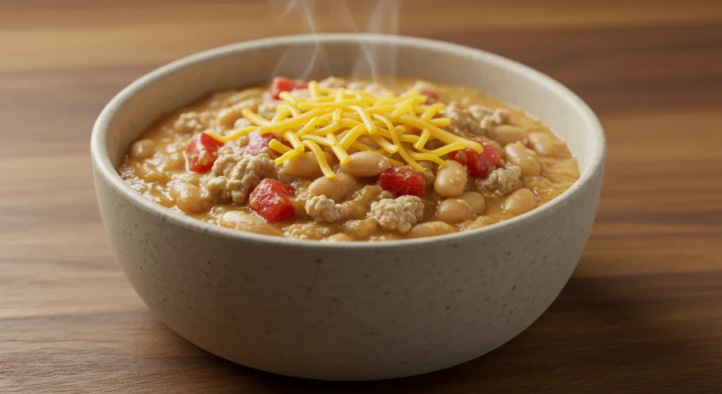 High-Protein White Turkey Chili Side view of creamy white turkey chili in a ceramic bowl, showing hearty chunks of turkey, beans, and zucchini.
