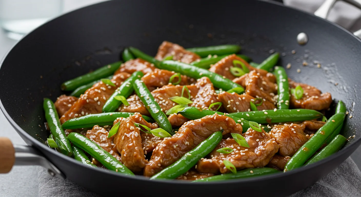 High-Protein Pork Stir-Fry Casual handheld shot of pork and green bean stir-fry in a black wok, coated in glossy sauce, garnished with sesame seeds and scallions, on a gray countertop with soft natural light.