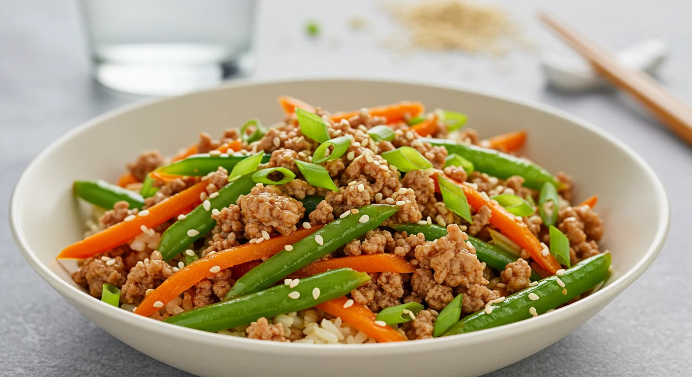 High-Protein Egg Roll Bowls Close-up of a High-Protein Egg Roll Bowl, showing crisp vegetables, pork, and scallions, taken from a tilted angle on a rustic surface.