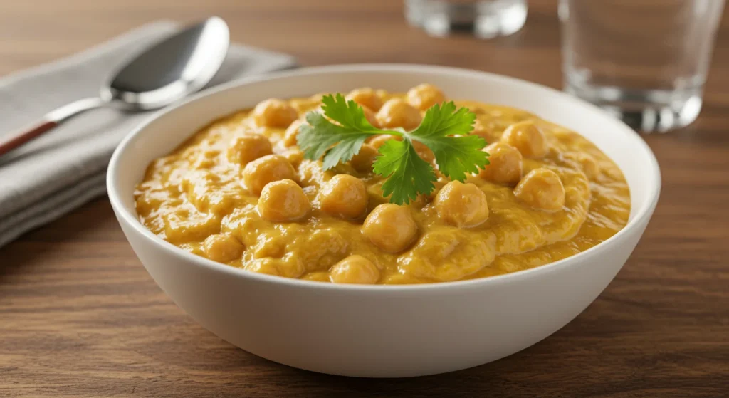 High-Protein Butter Chickpeas High-Protein Butter Chickpeas with creamy curry sauce, cilantro, and rice in a white bowl on a rustic wooden table.