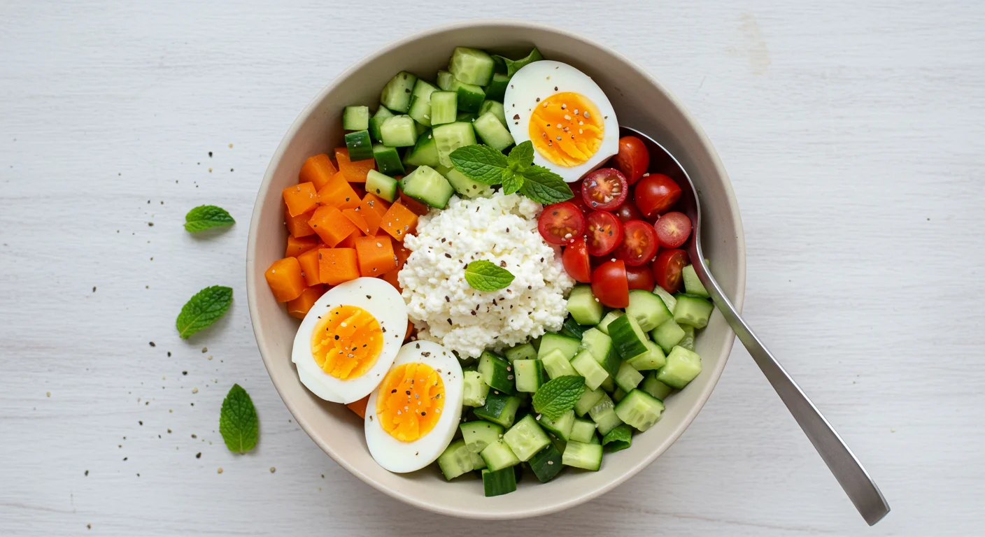 High-Protein Cottage Cheese Salad Overhead view of a High-Protein Salad Cottage Cheese Bowl featuring cottage cheese, colorful vegetables, eggs, and mint, with a casual, homemade feel.