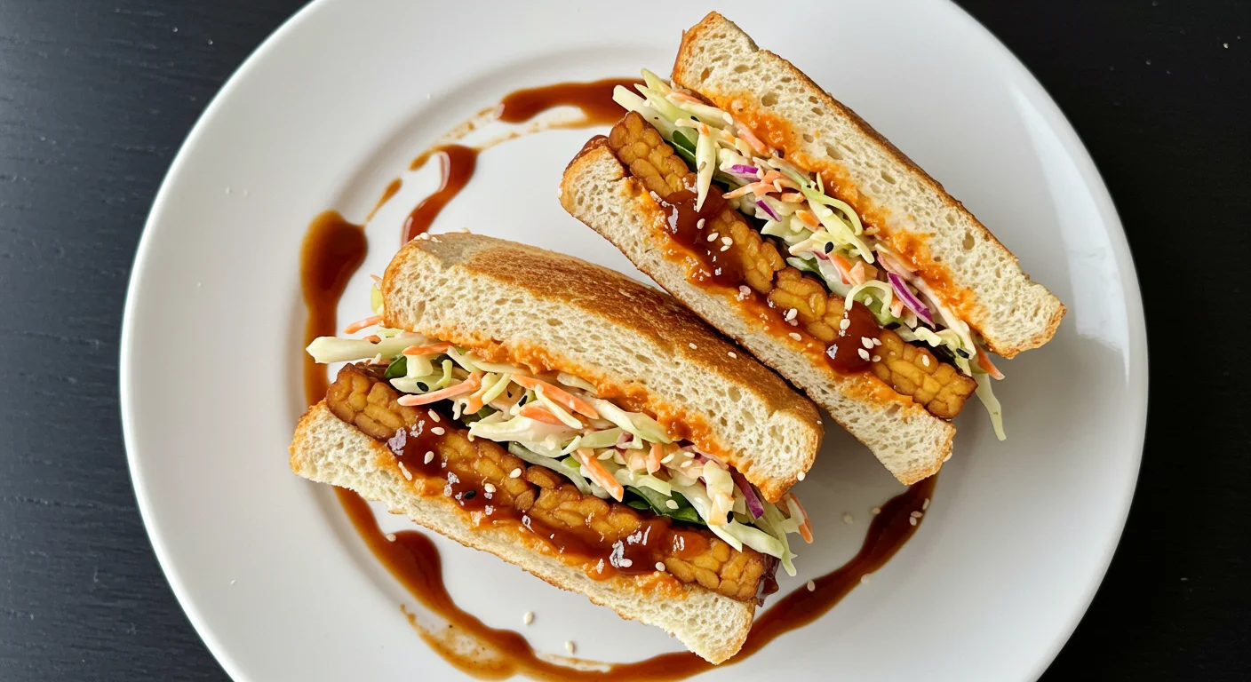 High-Protein BBQ Tempeh Sandwich Overhead view of BBQ tempeh sandwiches on a plate, showcasing vibrant filling and slaw under golden seeded buns.