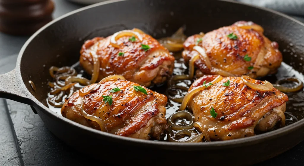 High-Protein Balsamic Chicken Thighs Close-up of balsamic chicken thighs in a skillet, highlighting the glossy glaze and golden sear with natural, casual lighting.