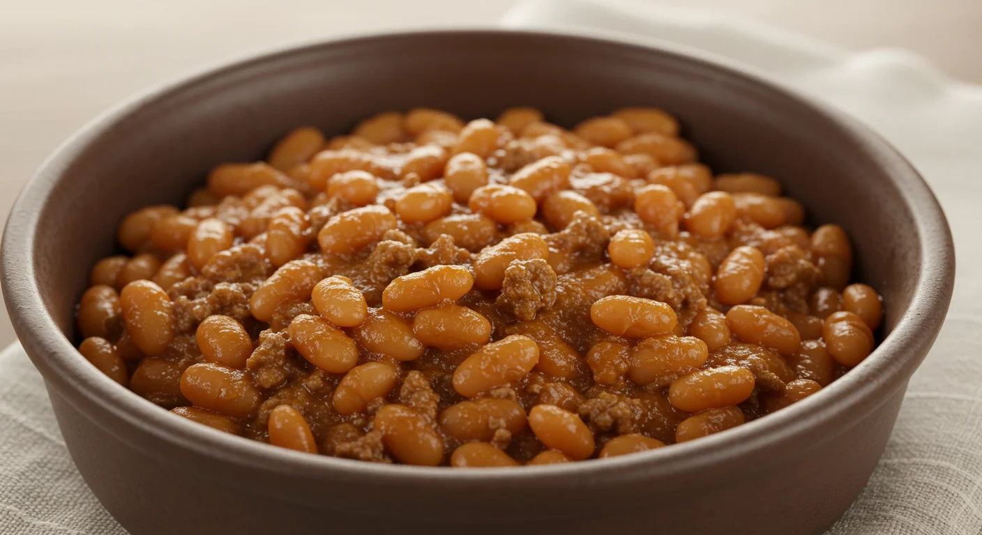 High-Protein Baked Beans with Ground Beef Close-up of baked beans with ground beef in a ceramic bowl, showing rich textures and glossy sauce, with a dark napkin and soft lighting.