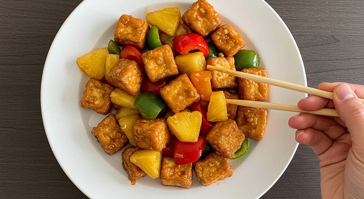 High-Protein Sweet & Sour Tofu Top-down view of sweet and sour tofu with colorful veggies, glistening sauce, and a hand holding chopsticks ready to grab a piece.