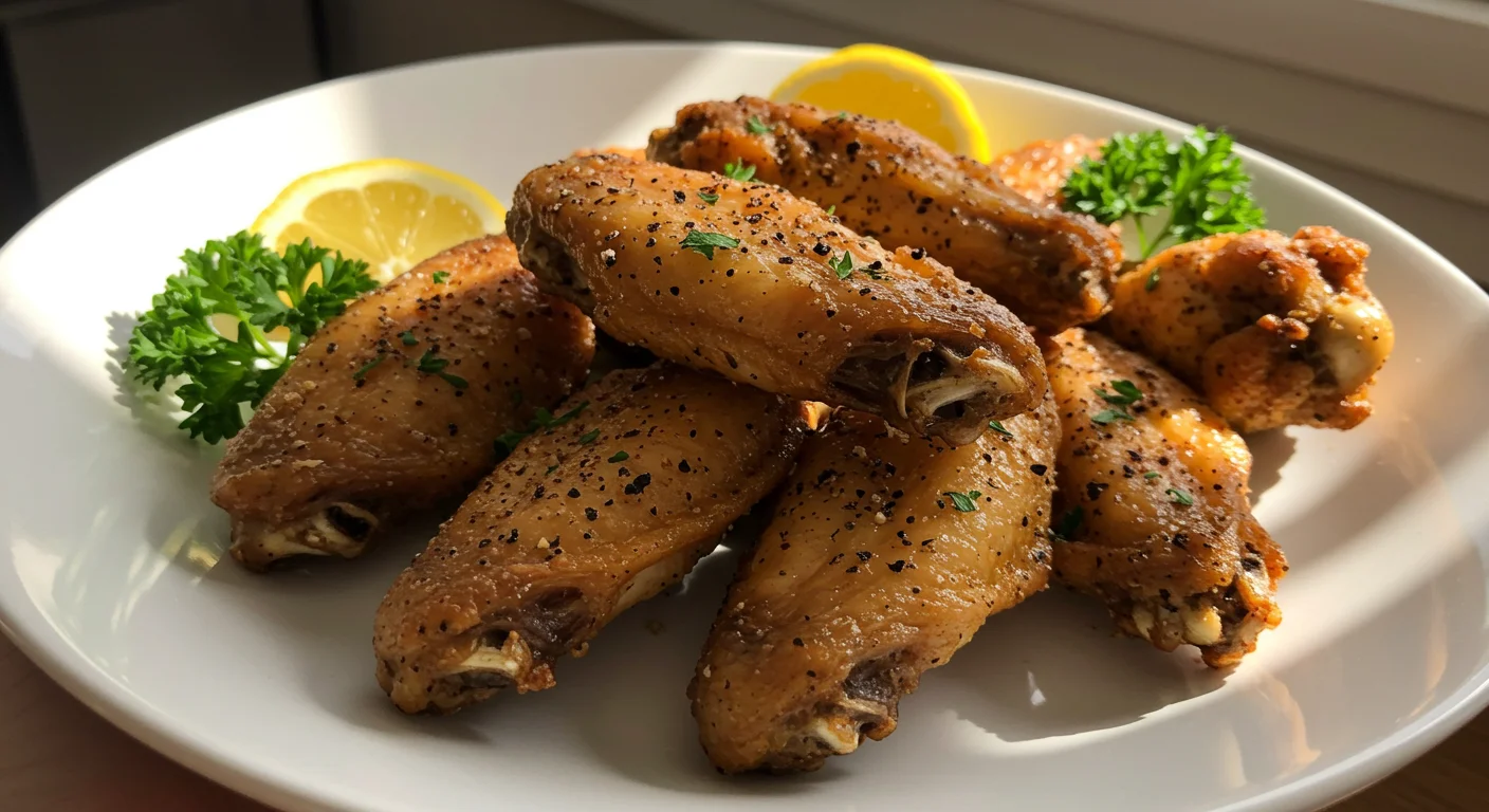 High-Protein Lemon-Pepper Chicken Wings Close-up of golden-brown lemon-pepper chicken wings on a white plate, garnished with parsley and lemon wedges, in a casual kitchen setting.