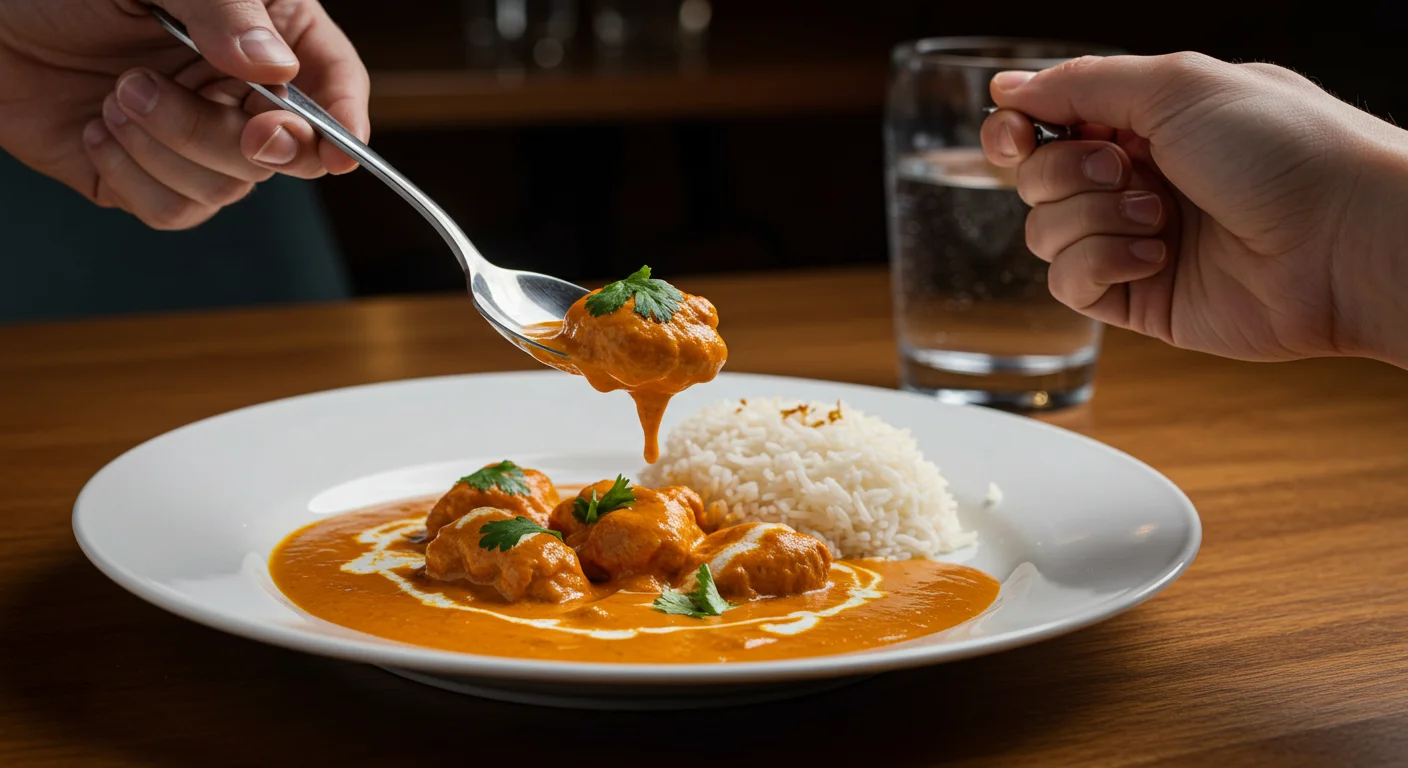 WW Slow-Cooker Butter Chicken Hand holding a spoon of butter chicken above a plate with rice, garnished with cilantro, in a professional yet inviting setting.