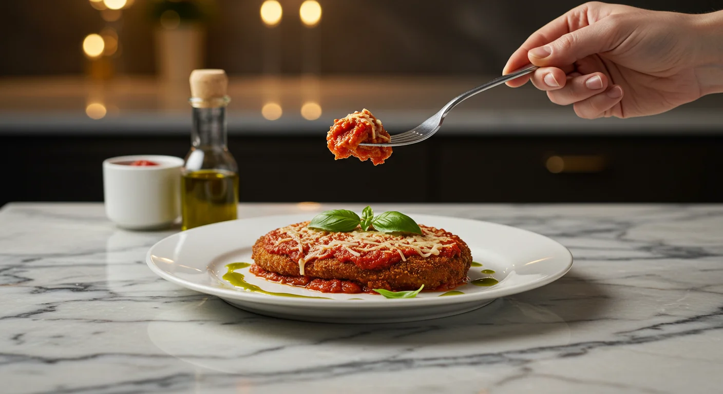 WW Eggplant Parmesan Hand holding a fork with Eggplant Parmesan over a white plate, garnished with basil and olive oil, on a marble countertop with soft lighting.