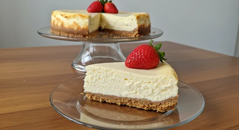 Enlightened Keto Cheesecake Homemade keto cheesecake with a strawberry on top, captured with a hand-held mobile phone in natural light.