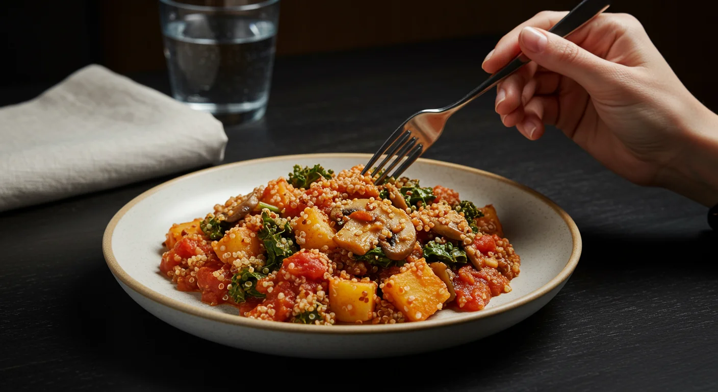 High-Protein Mushroom Stew High-Protein Mushroom Stew on a ceramic plate with a hand holding a fork, showing mushrooms, kale, and potatoes in a rich tomato base on a wooden table.