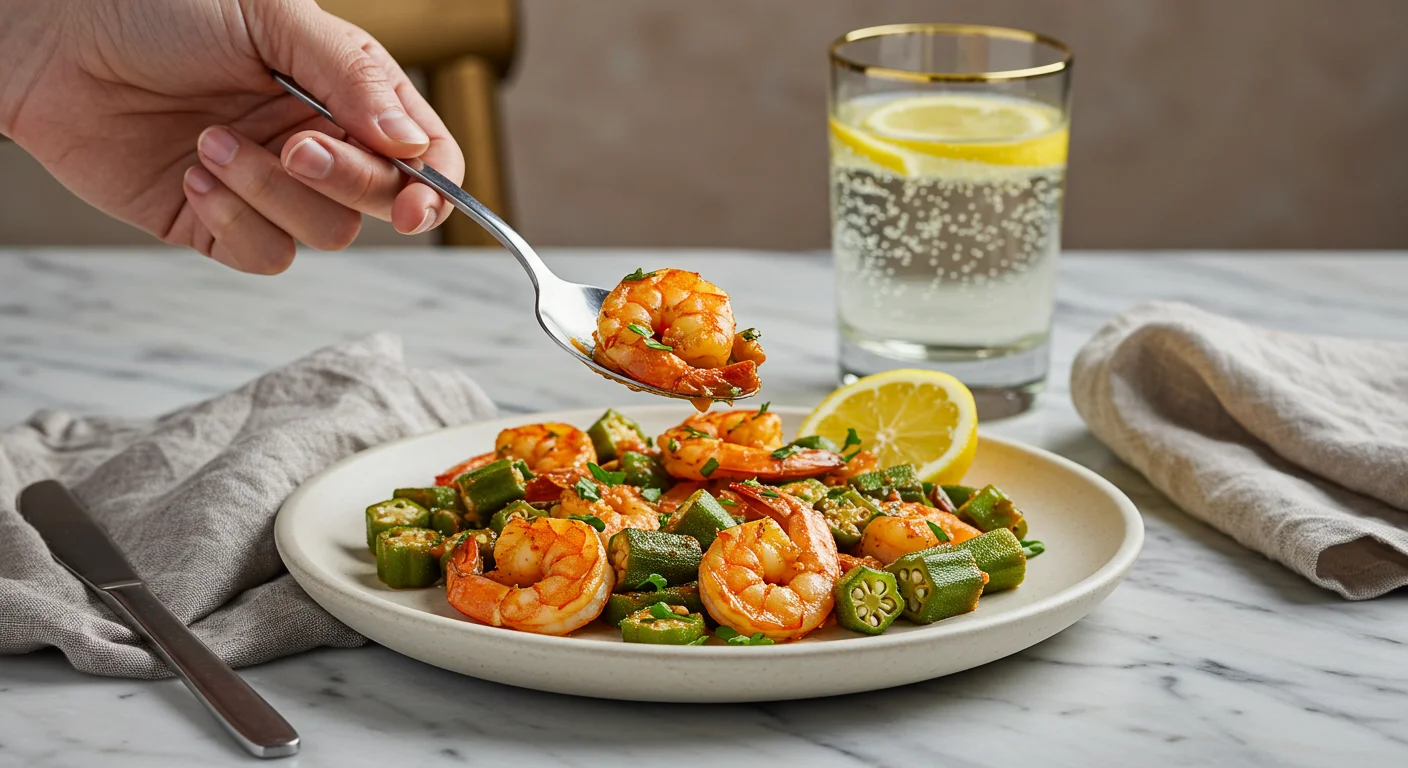 High-Protein Spicy Okra & Shrimp Hand holding a spoon with shrimp and okra above a white plate garnished with parsley and lemon, with a marble background and soft lighting.