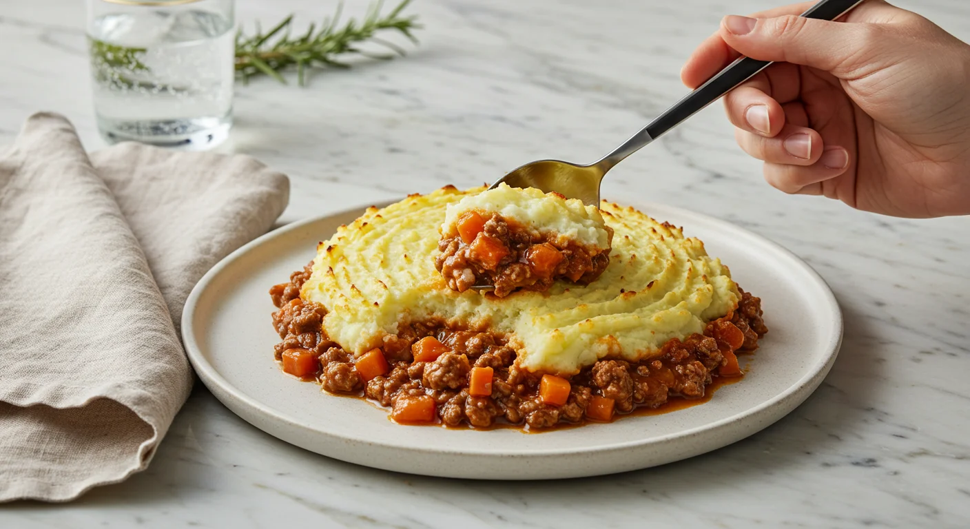 High-protein Shepherd's Pie A spoonful of shepherd’s pie held over a white plate, showing creamy cauliflower topping and savory filling in a styled setting.