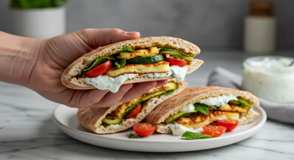 High-Protein Grilled Halloumi Pita Wraps Hand holding a Grilled Zucchini & Halloumi Pita with grilled veggies, halloumi, and yogurt sauce, with more pitas on a plate in the background.