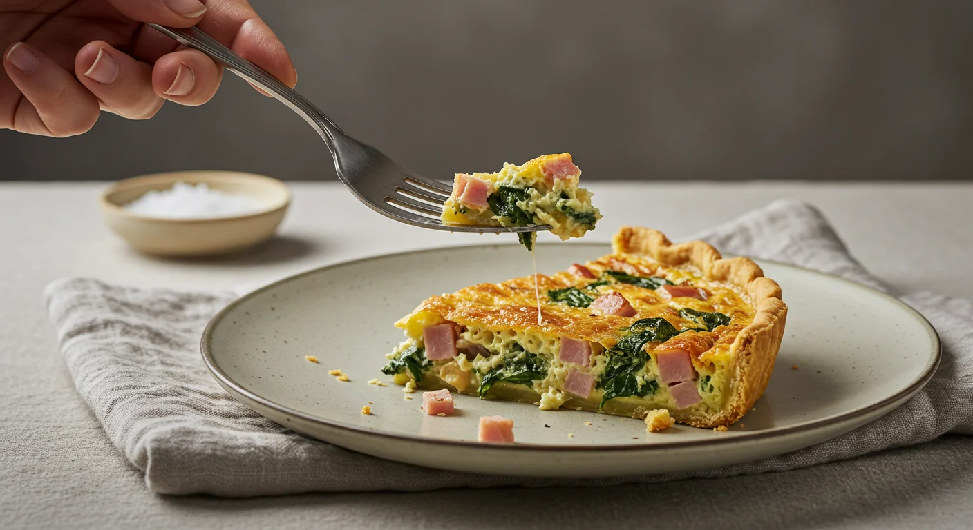 High-Protein Ham & Spinach Quiche Hand holding a fork with a bite of ham and spinach quiche on a ceramic plate, styled elegantly on a table.
