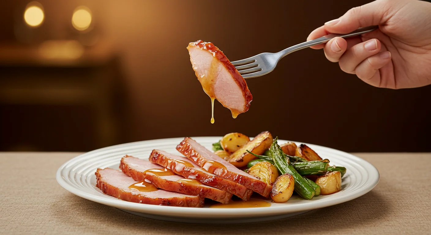 WW Glazed Turkey “Ham” Hand holding a fork with WW Glazed Turkey “Ham” over a white plate with roasted vegetables in a professional, elegant style.