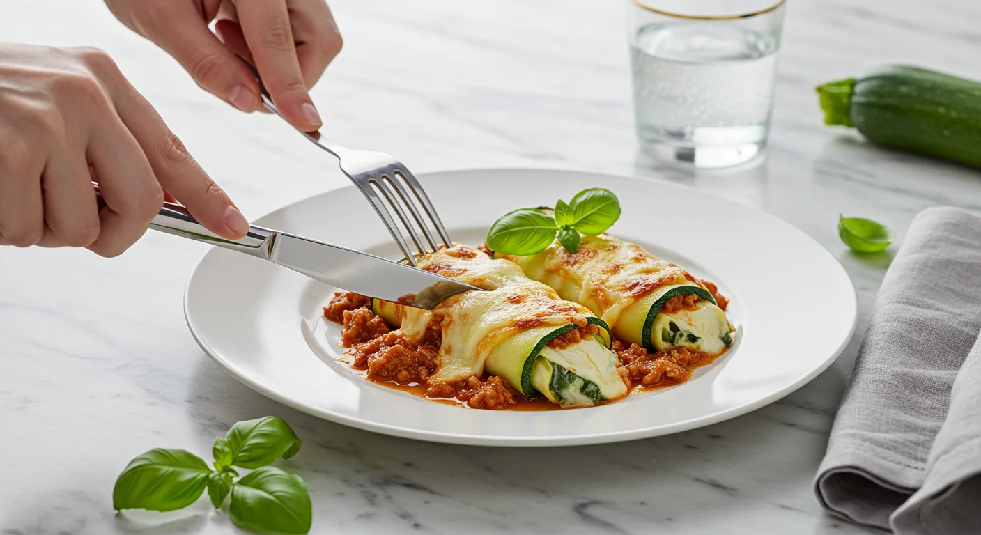 WW Zucchini Cannelloni with Pork Ragu Zucchini cannelloni served on a white plate with basil garnish, a hand holding a fork and knife, styled on a marble table with soft lighting.