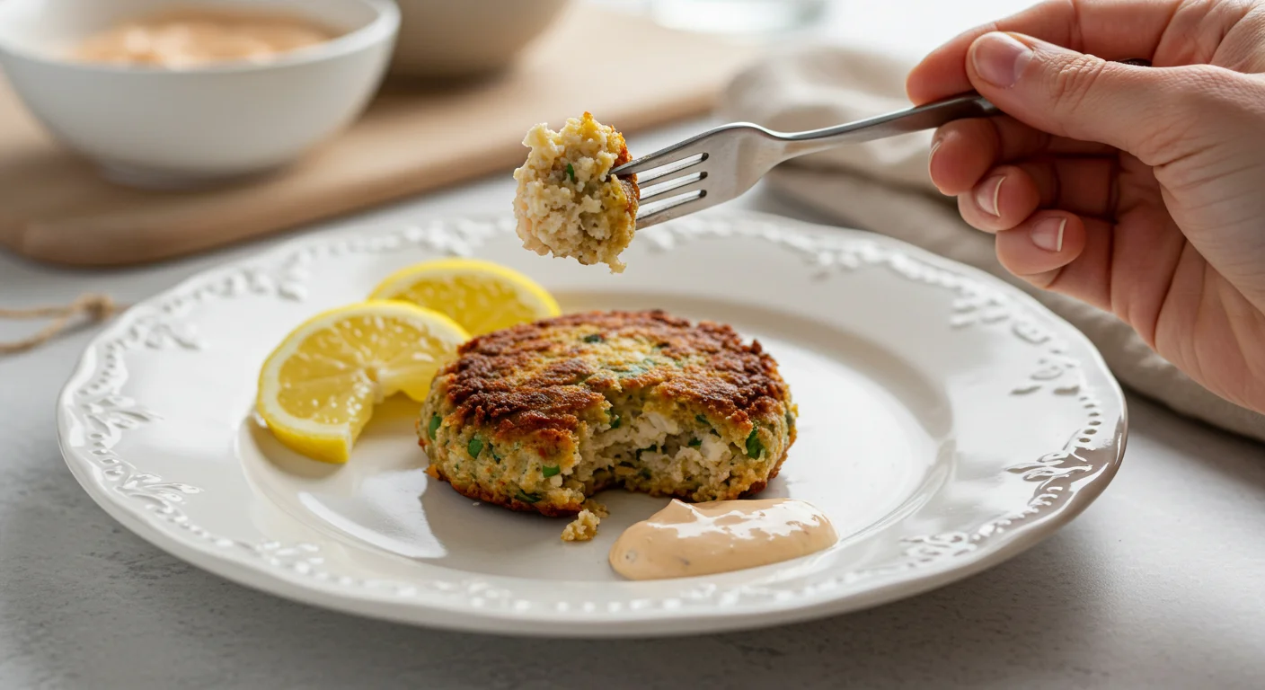 keto Crab Cakes Single keto crab cake on a white plate with a hand holding a fork, set on a classy table.