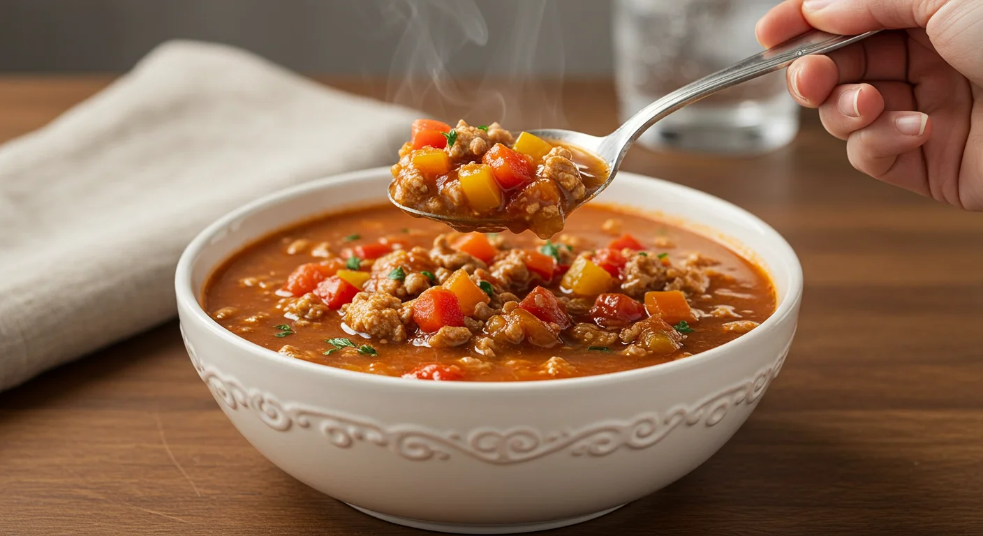 Zero Point WW Stuffed Pepper Soup Zero Point WW Stuffed Pepper Soup in a white bowl, garnished with parsley, with a hand holding a spoon and steam rising elegantly.