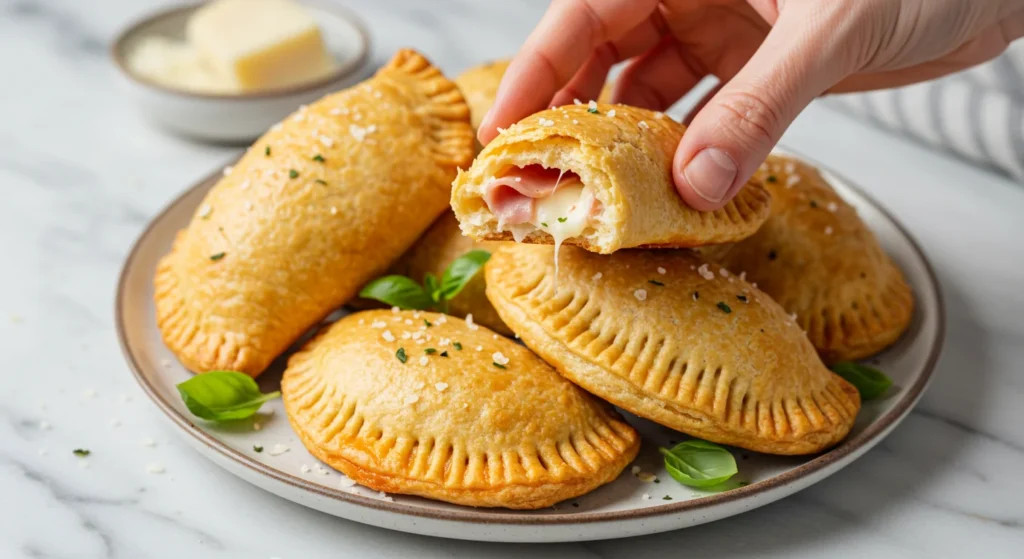 Keto Hot Pockets Hand holding a golden keto hot pocket with cheese and ham filling, remaining pockets on a plate with basil garnish in a classy setting.