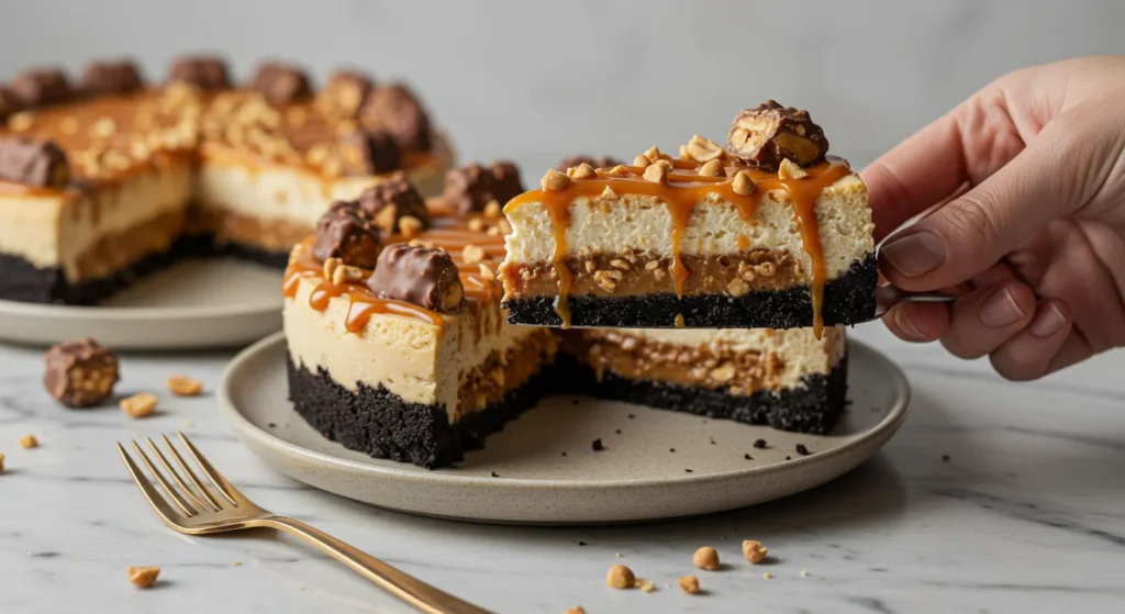 Keto Snickers Cheesecake Hand holding a slice of Keto Snickers Cheesecake, showing layers, caramel drizzle, and peanuts, with the rest on a ceramic plate on a marble surface.
