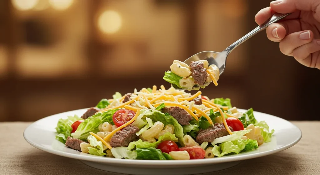 Keto Mac Salad Classy photo of a spoon scooping Keto Mac Salad from a white plate, with vibrant ingredients and a blurred warm-toned background.