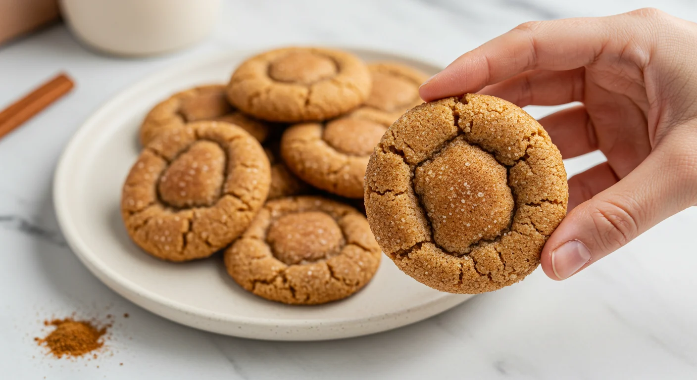 Keto Snickerdoodles A hand holding a golden Keto Snickerdoodle cookie with a plate of cookies on a marble countertop in the background.