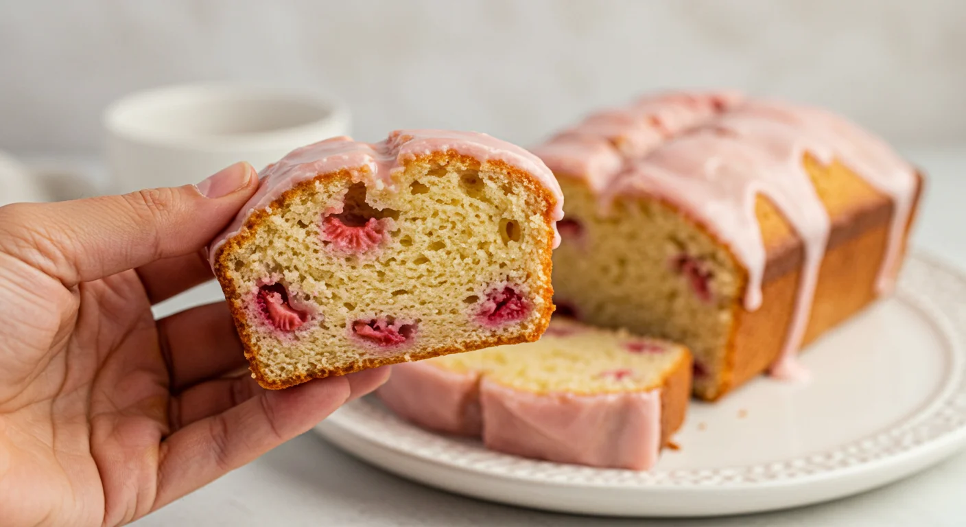 Keto Strawberry Cheesecake Fat Bombs Hand holding a slice of keto strawberry cheesecake bread with pink glaze, remaining loaf on a white plate in a professional setup.